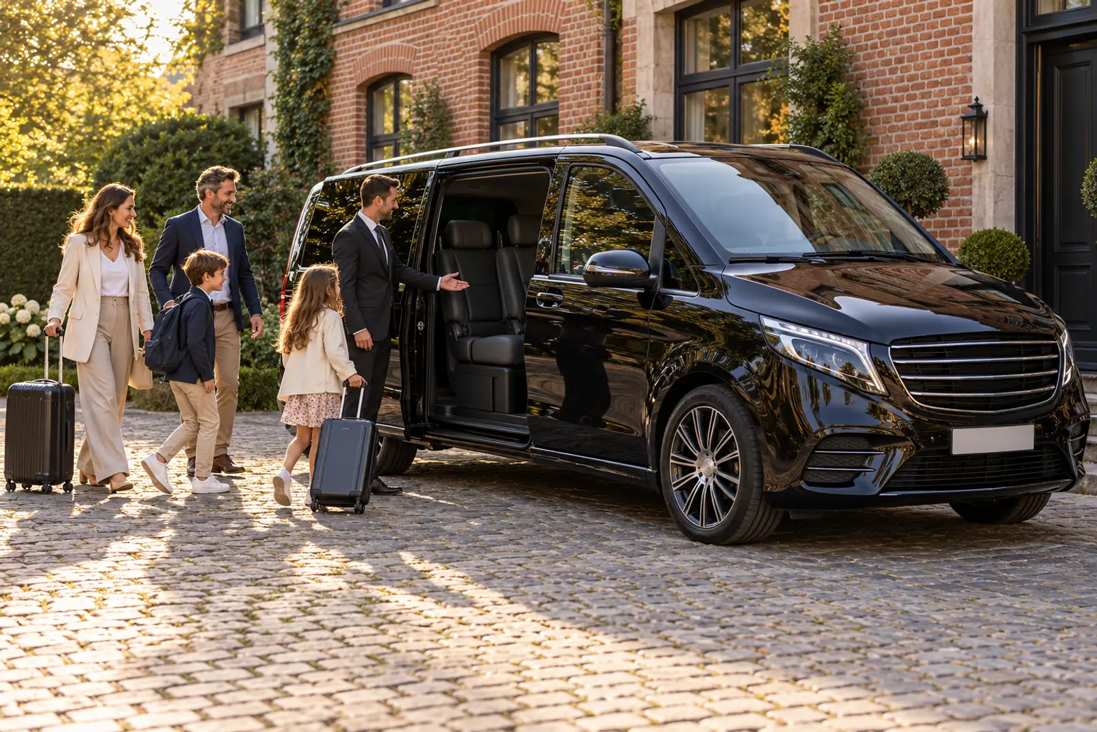 Chauffeur accueillant une famille avec ses valises devant un van Mercedes Classe V à Lille