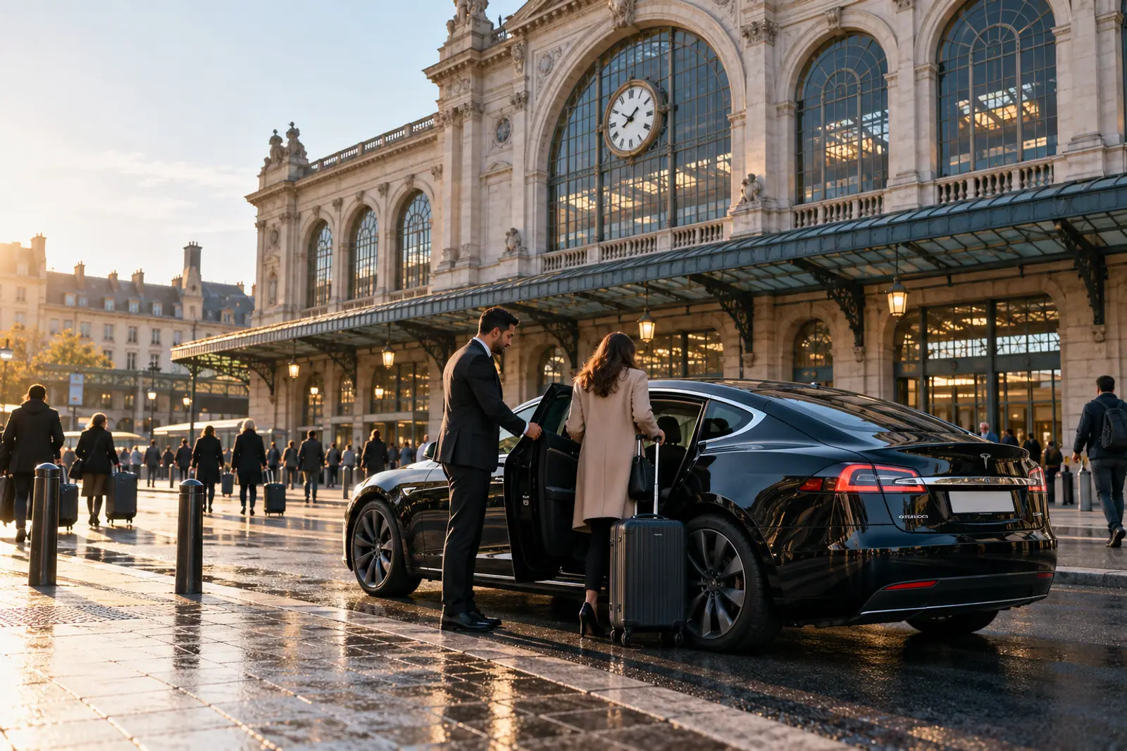 Façade de la gare Lille Flandres et voiture VTC en attente